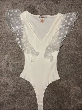 Flying Tomato White Ruffle Polka Dot-Trim Ribbed Bodysuit